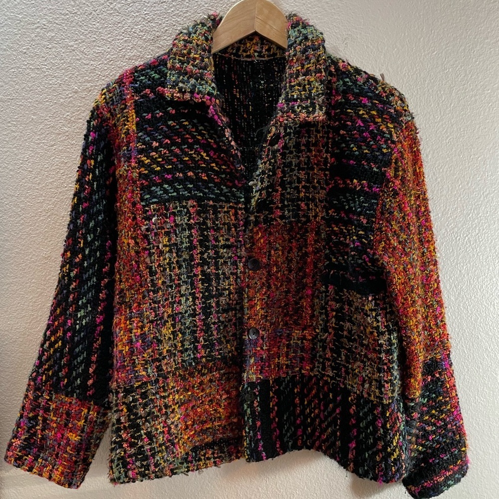 Rainbow Artsy Boho Woven Handmade Chanille Fabric Cardigan Sweater Size M/L.
